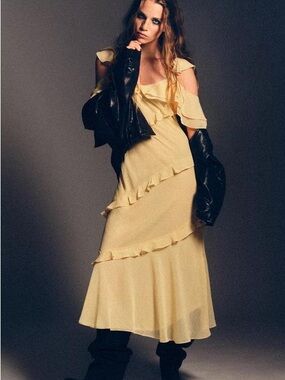 ZARA Yellow Ruffle Cold-Shoulder Maxi Dress